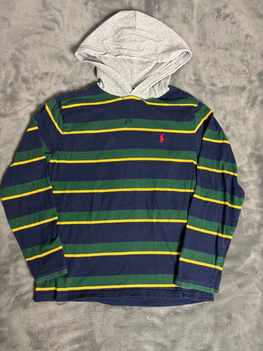 Polo Ralph Lauren Boys L 14-16 Striped Hooded Rugby Shirt Preppy Y2K Blokecore
